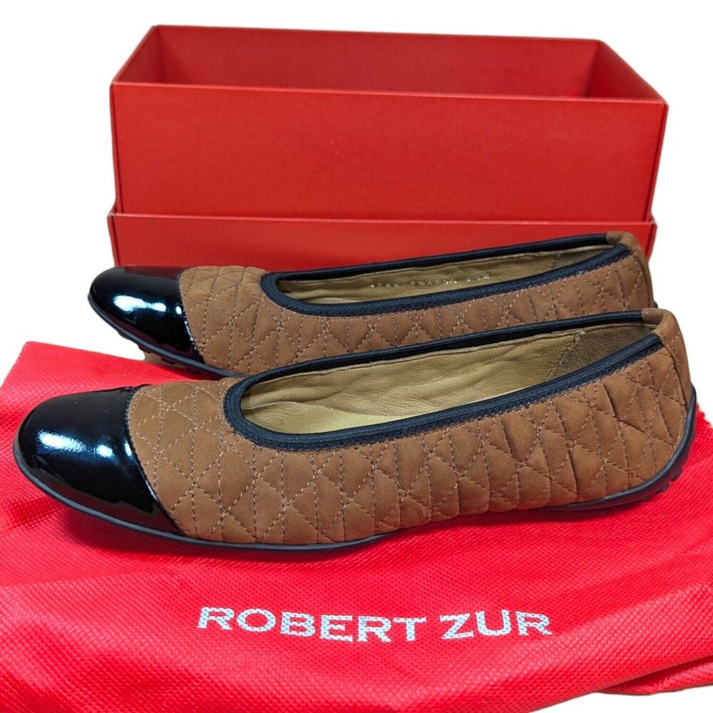 Robert Zur Designs Quela Brown W/Black Patent Quilted Ballerina Flat Shoe 8.5 4A